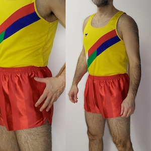 80s Shiny Jogging Soccer Vintage Sprinter Stripes Shorts / made in Belgium red satin shorts / Gym Sprint Running Workout size 8