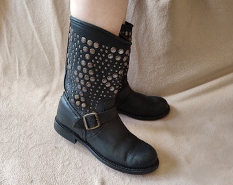 British Vintage PRIMEBOOTS  leather boots made in England Eur 38 UK 5 Women's Black Leather Zip Studs Biker Riding Boots