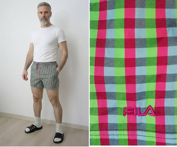 Fila, Vintage 90s FILA Plaid Shorts Made in Italy size USA 34 | Green Checkered Shorts | Retro Terrace Casual Tennis Shorts