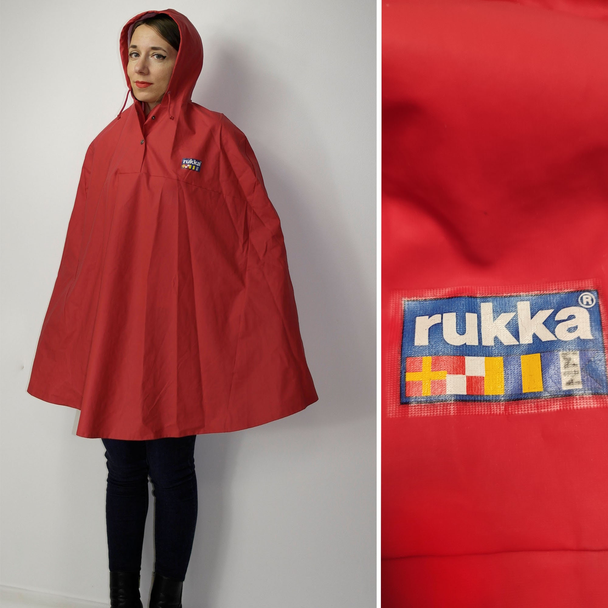 RARE poncho imperméable rouge finlandais Rukka vintage avec