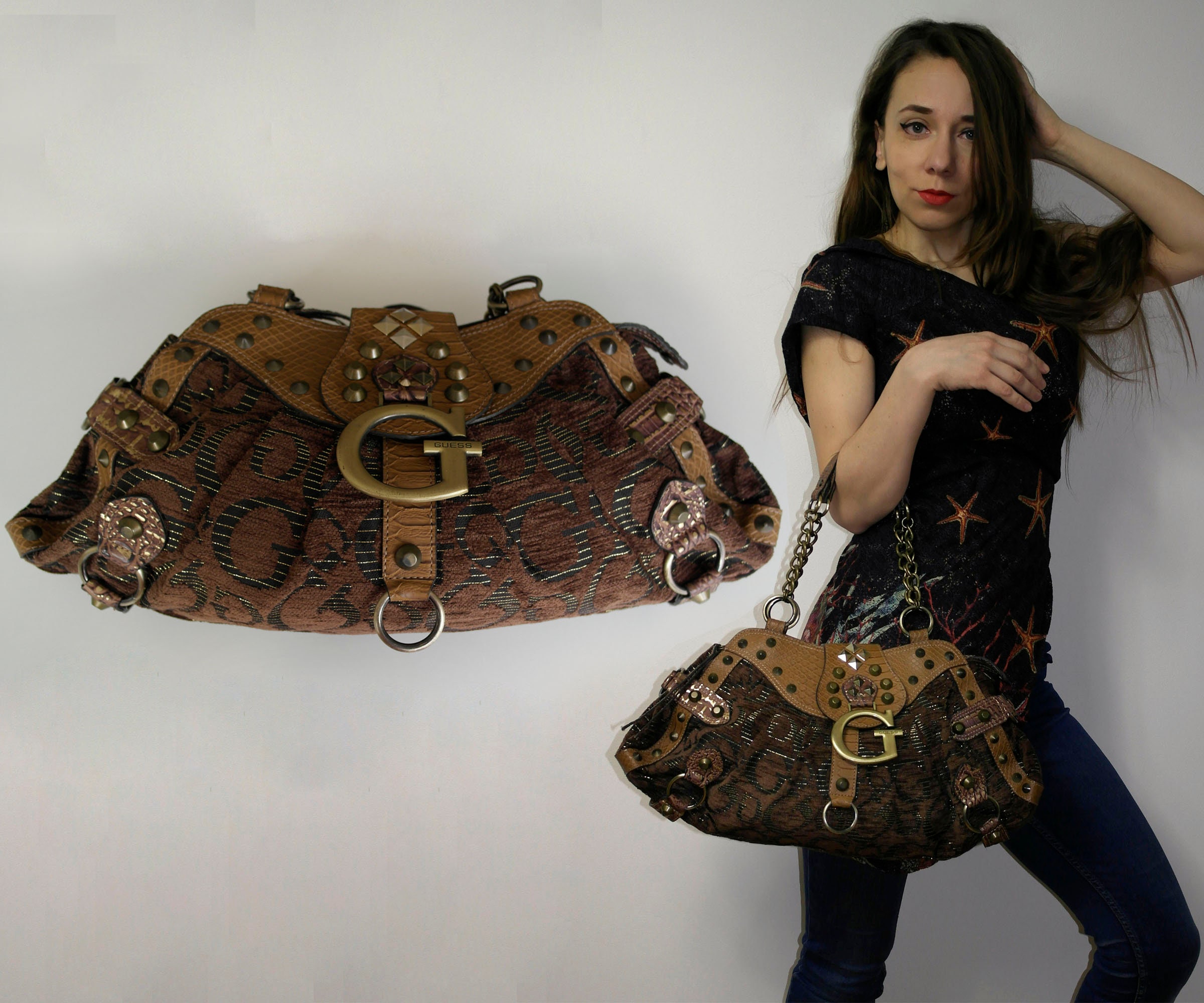 90s 00s Y2k Vintage Guess Bag / Brown Print Guess Bag / Guess 