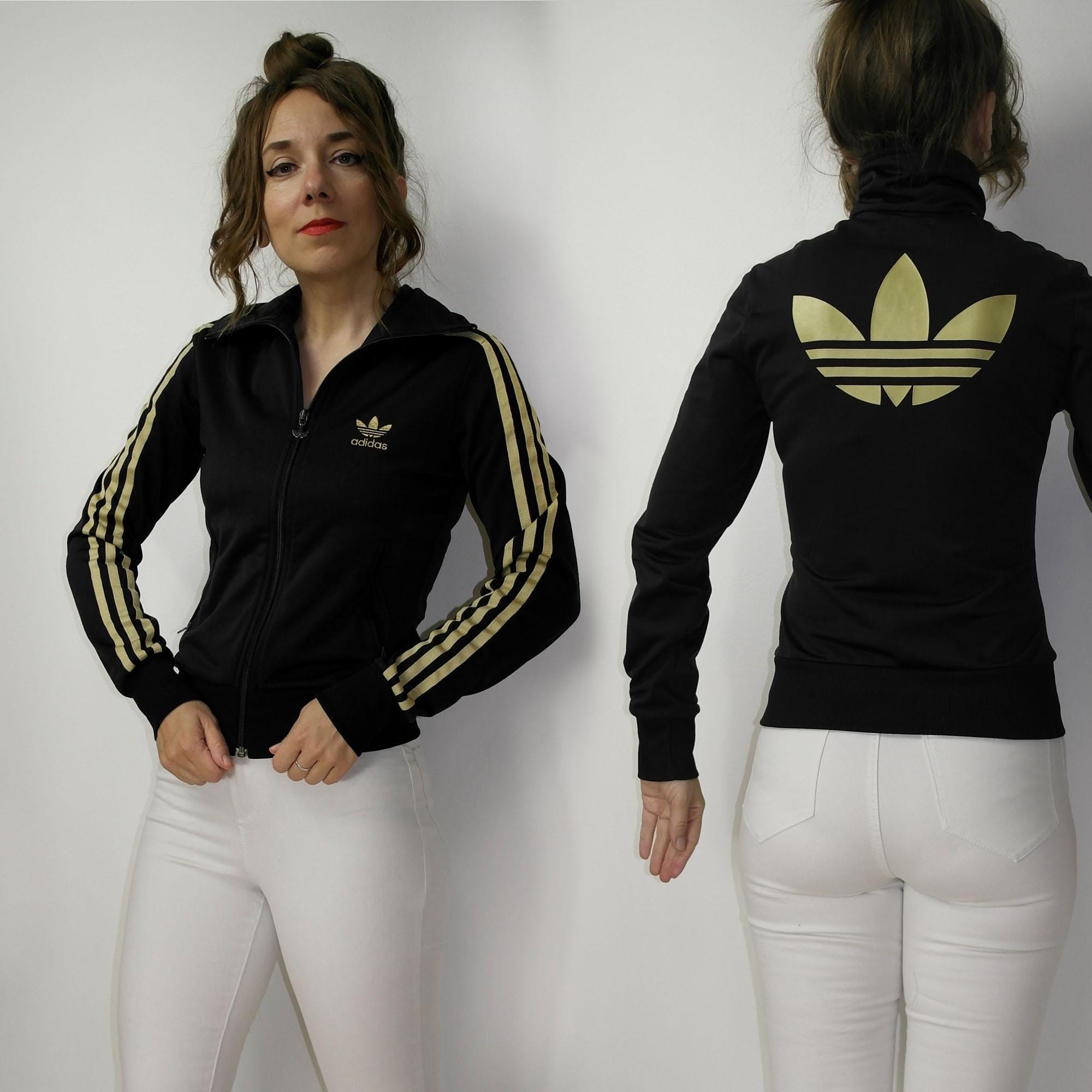 Y2K Adidas Black Tracksuit Jacket – Gold Trefoil Logo, Size 34