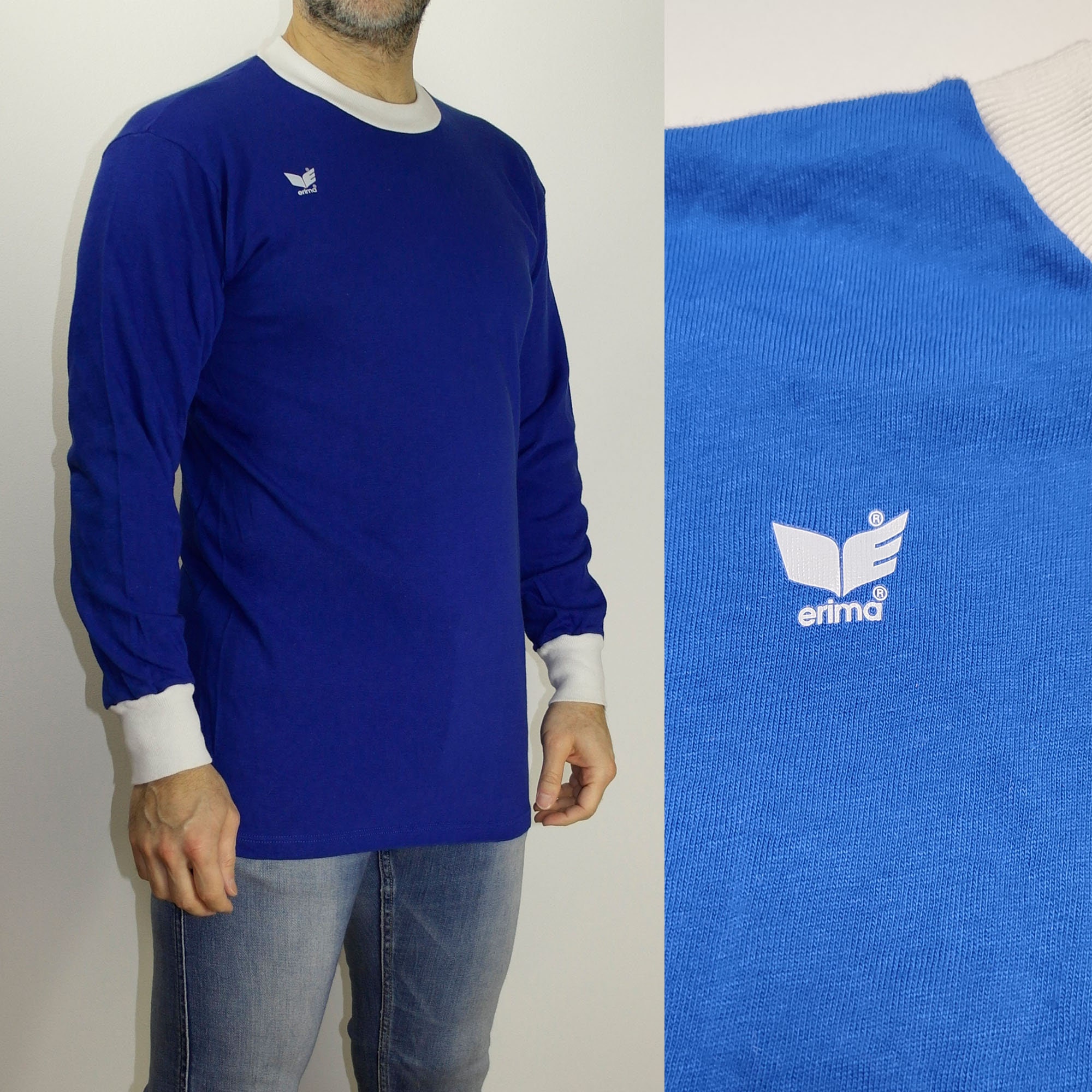 Maillot De Football Vintage ERIMA Années 1980 - Bleu - Taille L Adulte - Occasion En Bon état