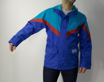 Vintage MQP Wasser Aktion blaue Regenjacke Vinyl Jacke mit der Kapuze Regenmantel Wasserdichte Jacke Größe small
