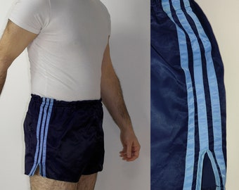 80s West Germany Adidas Militär Sprinter Shorts Vintage Satin 3 Streifen Fitnessstudio Sprinter Blau Workout Größe US M(M) D6 F90