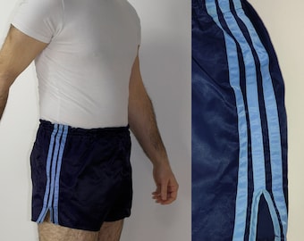 80s West Germany Adidas Military Sprinter Shorts Vintage satin 3 stripes Gym Sprint Running Blue Workout size US M(M) D6 F90