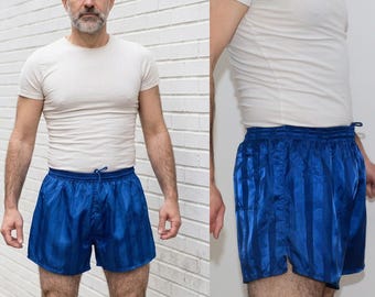 Vintage Shiny Blue Sprinter Shorts 80s Striped Satin Gym Running Size 7