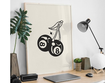 Trendy Retro 8 Ball Cherries Print, Illustration Vintage Printable Art, Digital Download, Trendy Retro Wall Art, Minimalist Kitchen Decor