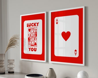 Lucky You Poster, Trendy Retro Wall Art, Set of 2, Red Ace Card Poster, Queen of Hearts Wall Art, Funky Prints, Digital Download