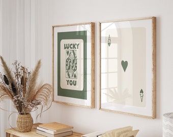 Lucky You Poster, Trendy Retro Wall Art, Set of 2, Green Ace Card Poster, Queen of Hearts Wall Art, Funky Prints, Digital Download