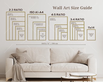 May include: A wall art size guide with a sofa in the foreground. The guide shows different aspect ratios for wall art, including 2:3, 4:5, 3:4, and 11x14. The guide also includes the corresponding measurements in inches and centimetres for each ratio. The text "SOFA 74" is visible below the guide.