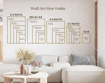 Storleksguide för väggkonst, storleksguide för ramar, storleksguide för tryck, jämförelsetabell, storlekstabell för posters, väggdisplayguide, storleksguide för bohemisk väggkonst