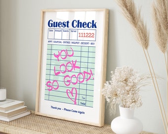 Guest Check Print, You Look So Good, Trendy Retro Wall Art Prints and Posters, Preppy Room Decor, Wall Art Bar Chart Art, Cute Wall Art