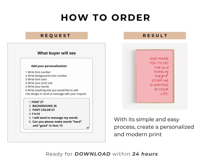 May include: A how-to guide for ordering a personalized print. The image shows a mock-up of a pink print with the text "God made you to do the hard thing in the good story he is writing in your life." The text is in a red font. The guide explains how to personalize the print by choosing the font, background color, font color, print size, and words.