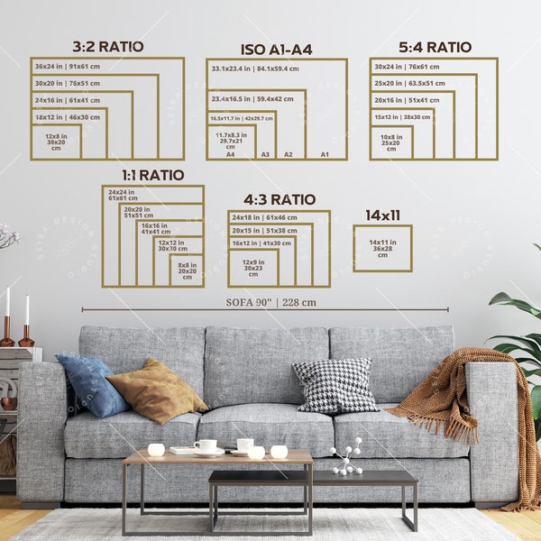 Landscape Wall Art Size Guide, Standard Frame Sizes Guide, Living Room Frame Sizes, Poster Sizes Guide