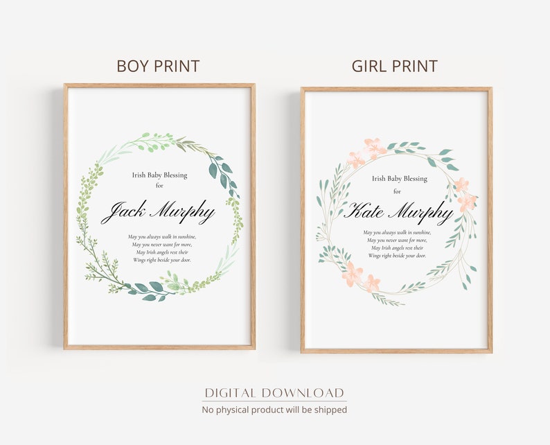 K&ouml;nnte beinhalten: Zwei druckbare Kunstdrucke mit einem Aquarell-Kranz-Design. Der Druck f&uuml;r Jungen hat einen gr&uuml;nen Kranz mit dem Text "Irish Baby Blessing for Jack Murphy" und einem Gedicht. Der Druck f&uuml;r M&auml;dchen hat einen rosa und gr&uuml;nen Kranz mit dem Text "Irish Baby Blessing for Kate Murphy" und einem Gedicht.