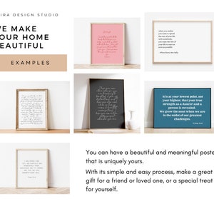 May include: Examples of custom posters with inspirational quotes. The posters are framed and feature different colors and fonts. The text on the posters includes quotes about strength, love, and faith.  You can have a beautiful and meaningful poster that is uniquely yours. With its simple and easy process, make a great gift for a friend or loved one, or a special treat for yourself.