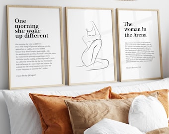 Woman Empowerment Set of 3 Prints, Fitzgerald Quote, Woman in the Arena, Inspirational Feminist Poster Wall Art, Strong Woman Office Decor