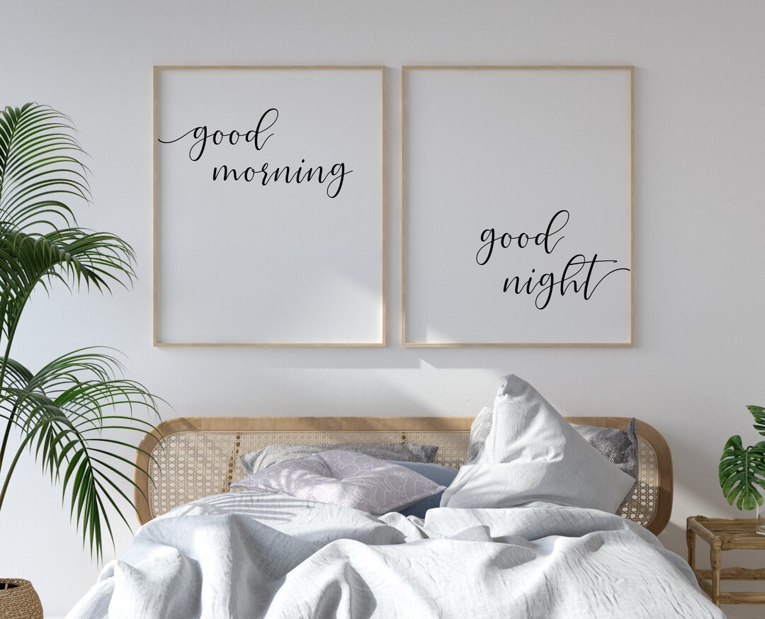 Good Morning Good Night Wall Art, Above Bed Decor, Modern Minimalistic