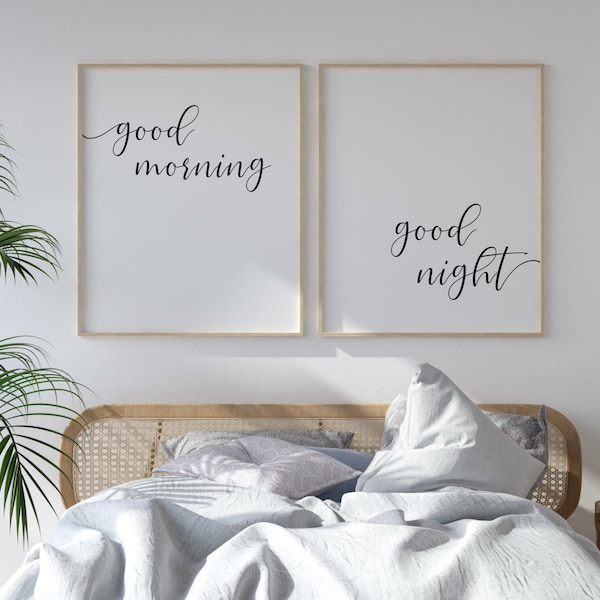 Good Morning Good Night Wall Art, Above Bed Decor, Modern Minimalistic Art, Printable Wall Art, Above Bed Signs, Bedroom Prints set of 2