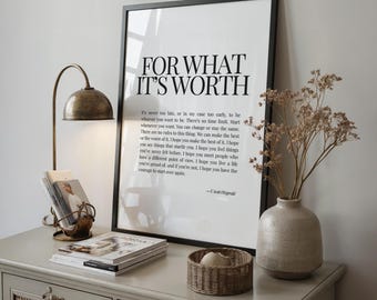 For What It's Worth Print, F. Scott Fitzgerald Quote Print, Vintage Literary Art, Poetry Gift, Office Decor, Motivational Wall Art