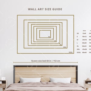 May include: A wall art size guide with a visual representation of different sizes in inches and centimetres. The guide shows the size of wall art that would fit above a queen-sized bed, which is 60 inches or 152 centimetres wide.