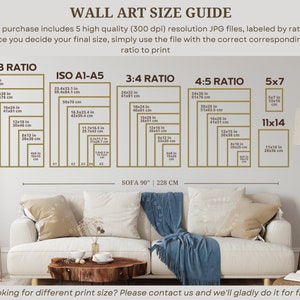 May include: A guide for choosing the right size for wall art prints. The guide shows different aspect ratios and corresponding print sizes in inches and centimeters. The guide also includes a sofa measurement of 90 inches or 228 centimeters.
