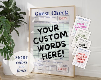 Custom Guest Check Art Print, Trendy Wall Art, Digital Download, Pick From 4 Color Options, Large Sizes Available Modern Retro Apartment Art