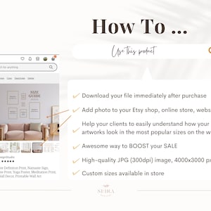 K&ouml;nnte beinhalten: Ein Mockup eines Wohnzimmers mit einem rosa Sofa und einem gerahmten Druck eines Gr&ouml;&szlig;enleitfadens f&uuml;r Kunstwerke. Der Text "How To... Use this product" befindet sich oben im Bild. Der Text "Download your file immediately after purchase" befindet sich unter dem Bild. Der Text "Add photo to your Etsy shop, online store, website..." befindet sich darunter. Der Text "Help your clients to easily understand how your artworks look in the most popular sizes on the wall" befindet sich darunter. Der Text "Awesome way to BOOST your SALE" befindet sich darunter. Der Text "High-quality JPG (300dpi) image, 4000x3000 px" befindet sich darunter. Der Text "Custom sizes available in store" befindet sich darunter.