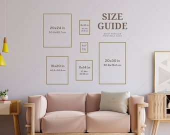 May include: A size guide for printable art prints with different sizes listed in inches and centimeters. The guide includes sizes like 8x10 inches, 11x14 inches, 16x20 inches, 20x24 inches, and 20x30 inches.