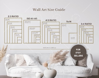 Storleksguide för väggdekorationer, storleksguide för ramar, storleksguide för tryck, jämförelsetabell, storlekstabell för posters, guide för väggmontering, storleksguide för vertikal konst
