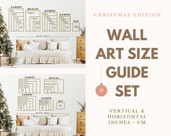 Könnte beinhalten: Ein Weihnachts-Wandkunst-Größenleitfaden-Set mit einem roten Ornament und einem weißen Schneeflocke. Der Leitfaden zeigt verschiedene Größen von Wandkunst in Zoll und Zentimetern, mit einem Sofa im Hintergrund.