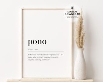 Pono Definition Print, Hawaiian Wall Art, Hawaiian Decor, Hawaii Poster, Hawaii Print, Hawaiian Gift, Inspirational Quotes, Printable Art