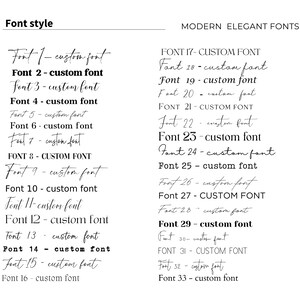 May include: A list of 33 different font styles, labeled "Font 1" through "Font 33", with the text "custom font" next to each font style. The fonts are displayed in a modern, elegant style.