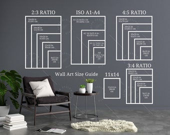 May include: Wall art size guide with various aspect ratios and dimensions in inches and centimeters. Includes 2:3, ISO A1-A4, 4:5, and 3:4 ratios, with sizes like 24x36 inches (61x91 cm) and 11x14 inches (28x36 cm). A chair, table, and decor are in the foreground.