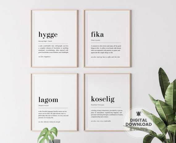 Hygge, Fika, Lagom, Koselig - Set of 4 Prints, Scandinavian Wall Art, Nordic Decor, Scandinavian Print, Hygge Decor, Hygge Print, Hygge Set