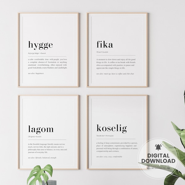 Hygge, Fika, Lagom, Koselig - Set of 4 Prints, Scandinavian Wall Art, Nordic Decor, Scandinavian Print, Hygge Decor, Hygge Print, Hygge Set