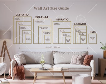 Puede incluir: Una guía de tamaño de arte de pared con un sofá en primer plano. La guía muestra diferentes proporciones para el arte de pared, incluyendo 2:3, ISO A1-A4, 4:5, 3:4 y 11x14. La guía incluye medidas en pulgadas y centímetros.