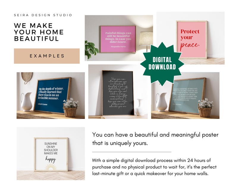 May include: A collection of framed wall art posters featuring various quotes in different colors including pink, blue, black, and white. The text includes phrases like Protect your peace, In the depth of winter, and Sunshine on my shoulder makes me happy.