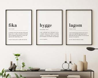 Hygge, Fika, Lagom Definition Print, Set of 3 Print, Nordic Print, Scandinavian Wall Art, Nordic Decor, Swedish Decor, Hygge Print, Digital