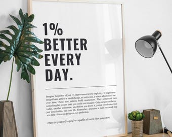 1% Mejor cada día, Arte mural con frase motivacional, Láminas para oficina, Decoración de oficina, Arte mural inspirador, Póster motivacional, Descarga instantánea