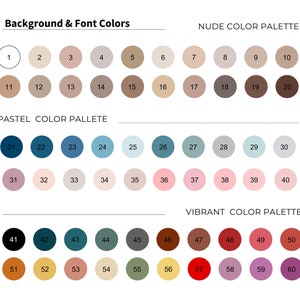 May include: A chart with 60 color swatches organized into three color palettes: Background & Font Colors, Nude Color Palette, and Pastel Color Palette. Each color swatch is labeled with a number from 1 to 60.
