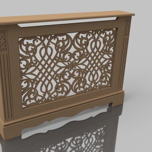 May include: A wooden radiator cover with a decorative, intricate cut-out design. The cover is a light brown color and has a rectangular shape.