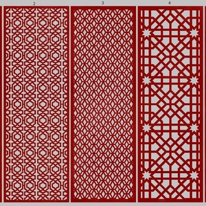 May include: Five decorative panels with intricate, repeating geometric patterns in a deep red color. The designs vary, including floral, hexagonal, diamond, star, and square motifs, all set against a light gray background. These panels could be used for room dividers or decorative screens.
