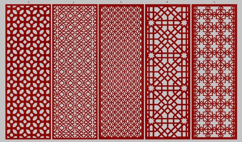May include: Five decorative panels with intricate, repeating geometric patterns in a deep red color. The designs vary, including floral, hexagonal, diamond, star, and square motifs, all set against a light gray background. These panels could be used for room dividers or decorative screens.