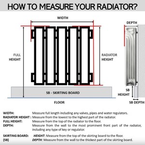 May include: Diagram showing how to measure a radiator, including width, radiator height, full height, and depth. The image also shows how to measure the skirting board height and depth. Text explains each measurement.