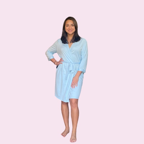 Lightweight Robe for Women Bamboo Robe for Menopause Robe for Hot Flashes Light Blue Bamboo Robe with Pockets Short Robe for Women in Blue