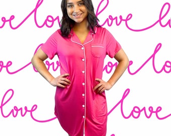 Nightgown Women Mother's Day Gift Hot Pink Hospital Nightgown  Bamboo Night Gown for Women Delivery Gown