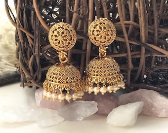 Small Gold Indian Jhumka Earrings Temple Indian Earrings Pearl Jhumka Earrings Traditional Earrings Temple Jewelry South Indian Earrings