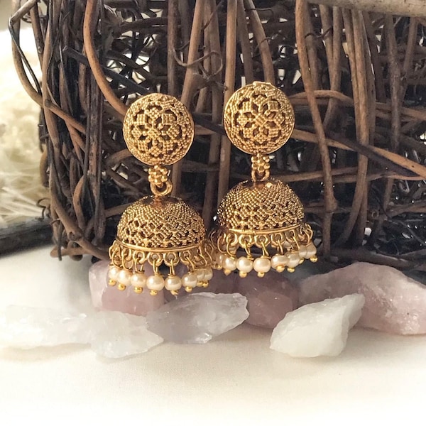 Small Gold Indian Jhumka Earrings Temple Indian Earrings Pearl Jhumka Earrings Traditional Earrings Temple Jewelry South Indian Earrings